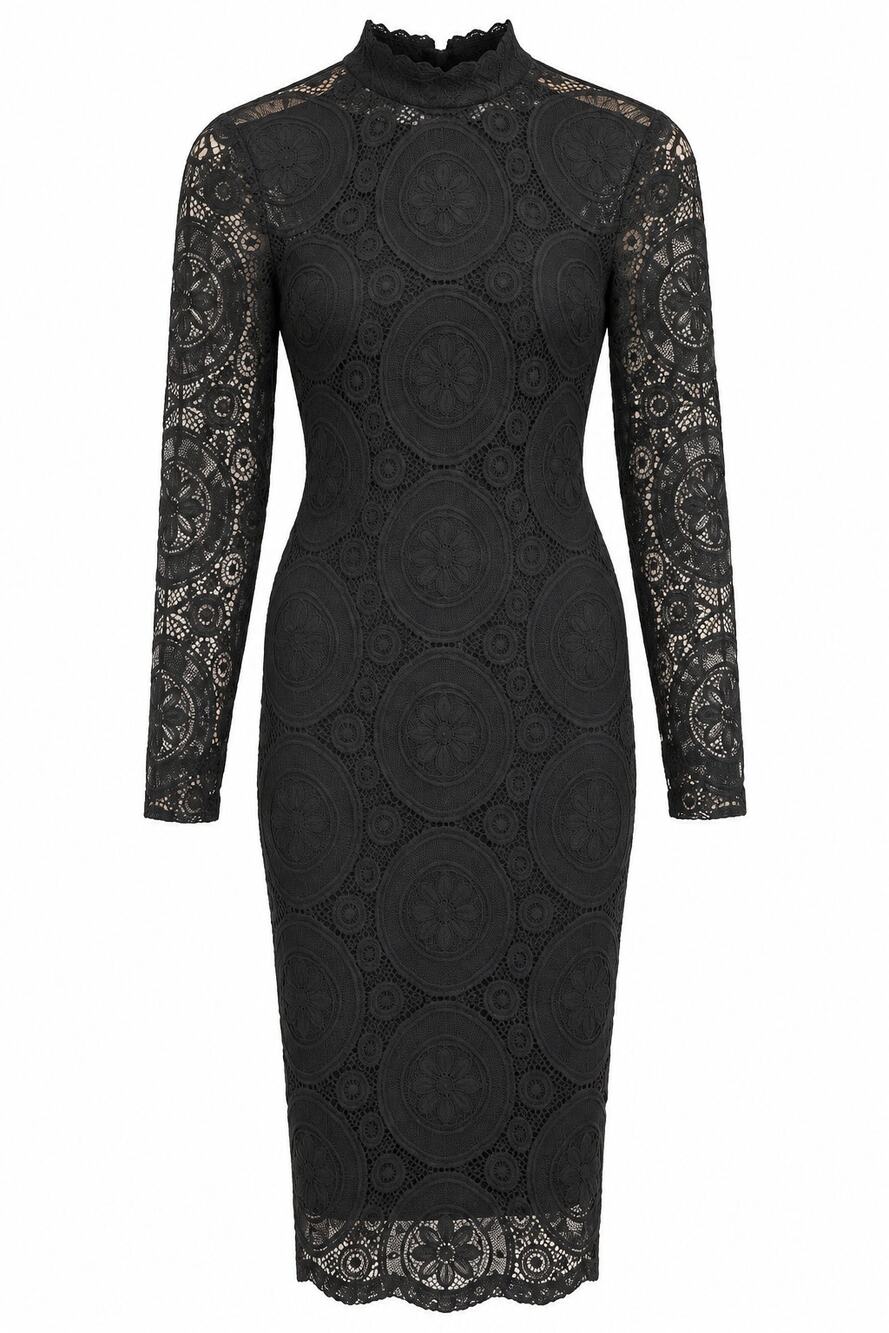 Bardot Black Lace High Neck Long Sleeve Bodycon Midi Cocktail Dress Size 4 XS